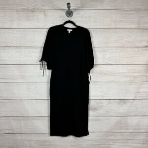 Topshop Women's Black Drawstring Sleeve Basic Minimal Midi Dress Size 4